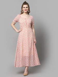 AAYU Women Fit and Flare Pink, White Maxi/Full Length Dress