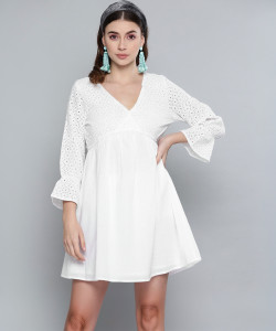 SASSAFRAS Women A-line White Above Knee/Mid Thigh Length Dress