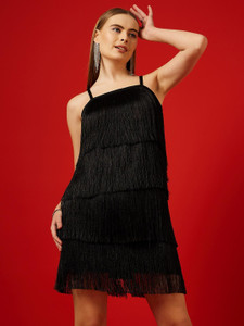 STREET9 Women Fit and Flare Black Knee Length Dress
