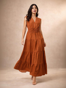 ameeraimpex Women Tiered Brown Maxi/Full Length Dress