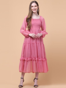 STYLE BEURUA Women Fit and Flare Pink Below Knee Dress