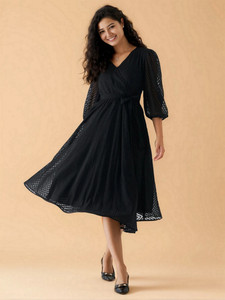 AASK Women Fit and Flare Black Below Knee Dress