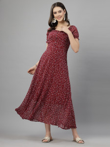 METRONAUT Women Fit and Flare Maroon Maxi/Full Length Dress