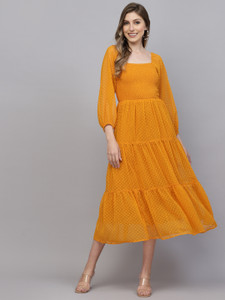 AAYU Women Fit and Flare Yellow Maxi/Full Length Dress