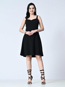 OWL MINK Women Fit and Flare Black Knee Length Dress