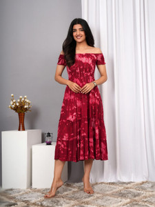 VYMO Women Fit and Flare Maroon Below Knee Dress