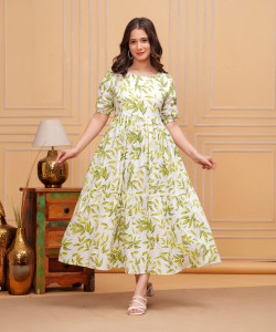 Twirl Tales Women A-line Light Green, White Midi/Calf Length Dress
