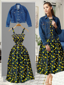 LEETOS Women Fit and Flare Dark Blue, Light Green, Yellow Midi/Calf Length Dress