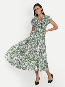 MINGLAY Women Fit and Flare Green Midi/Calf Length Dress