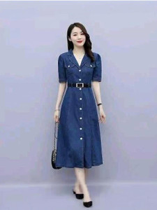 HouseOfCommon Women Fit and Flare Dark Blue Midi/Calf Length Dress