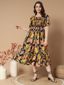 OTABU Women Fit and Flare Yellow Midi/Calf Length Dress