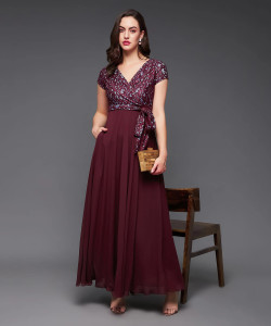 Miss Chase Women Maxi Maroon Full Length Dress