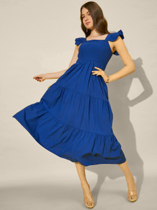 QIOA Women Ruffled Blue Midi/Calf Length Dress