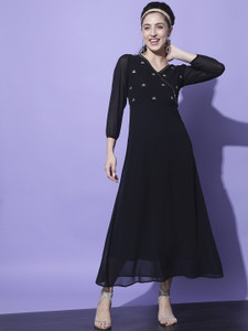 SLENOR Women A-line Black Midi/Calf Length Dress