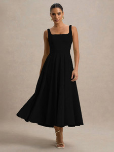 HouseOfCommon Women Fit and Flare Black Midi/Calf Length Dress