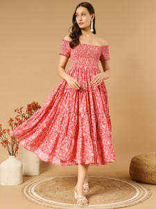 OTABU Women A-line Pink Below Knee Dress