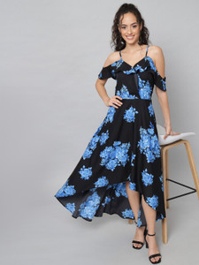 Emeros Women High Low Black, Blue Knee Length Dress