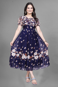 ANTRA Women Fit and Flare Blue Maxi/Full Length Dress