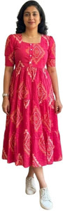 Nitisha Women Fit and Flare Pink Midi/Calf Length Dress
