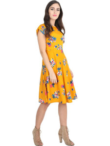 Rudraaksha Women Fit and Flare Yellow Knee Length Dress With Mask