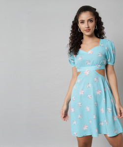 Emeros Women Fit and Flare Light Blue Above Knee/Mid Thigh Length Dress