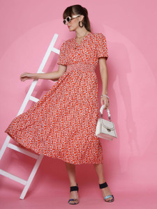 Honky Tonky Women Fit and Flare Red Midi/Calf Length Dress
