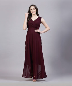 AAYU Women Fit and Flare Maroon Maxi/Full Length Dress