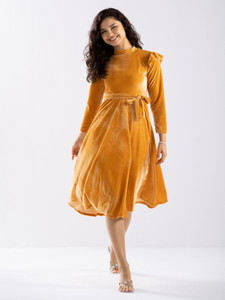 AASK Women Fit and Flare Gold Knee Length Dress
