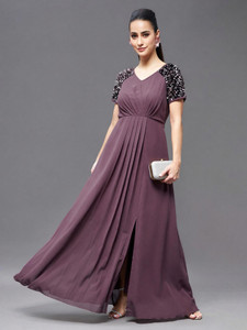 Miss Chase Women Cinched Waist Purple Maxi/Full Length Dress