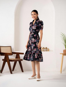 AASK Women Fit and Flare Black Knee Length Dress