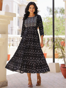 mokshi Women Ethnic Dress Black Midi/Calf Length Dress