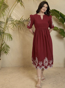 Attends Women Fit and Flare Red Midi/Calf Length Dress