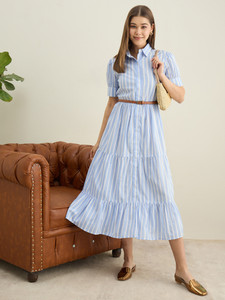 STYLESTONE Women Tiered Light Blue, White Midi/Calf Length Dress