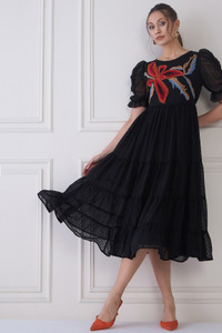 tckty Women Fit and Flare Black Below Knee Dress