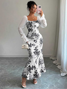 MAHALAXMIJI.FASHION Women Fit and Flare White, Blue Maxi/Full Length Dress