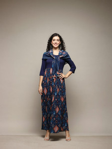 BIBA Women Fit and Flare Dark Blue Maxi/Full Length Dress