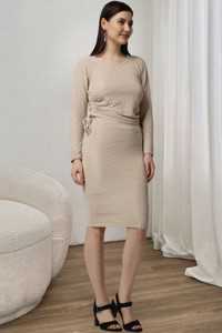 POPWINGS Women Two Piece Dress Beige Knee Length Dress