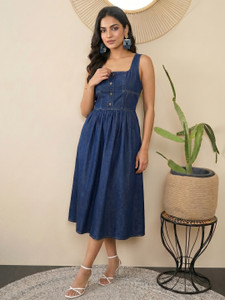 ADDYVERO Women Fit and Flare Dark Blue Below Knee Dress