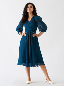 AASK Women Fit and Flare Blue, Dark Blue Midi/Calf Length Dress