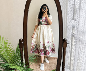 Hook i Women Fit and Flare Beige, Multicolor Knee Length Dress