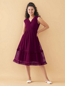 AASK Women Fit and Flare Maroon Knee Length Dress