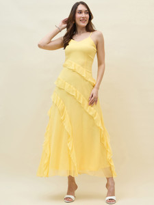 AAYU Women Layered Yellow Maxi/Full Length Dress