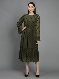 MINGLAY Women A-line Dark Green Dress