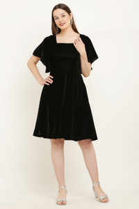 vivient Women Fit and Flare Black Knee Length Dress