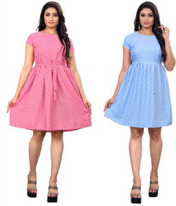 SARVOPAREE FASHION Women A-line Pink, Blue Knee Length Dress