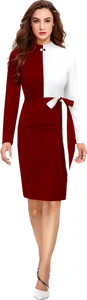 HIALTO Women Bodycon Maroon, White Knee Length Dress