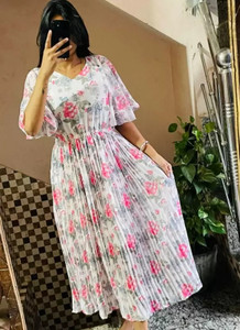 RKK COLLECTIONS Women Fit and Flare Grey, Pink, White Midi/Calf Length Dress