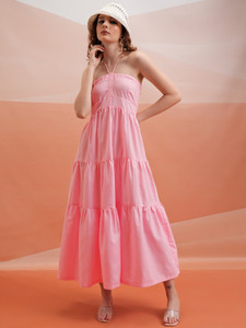 Tokyo Talkies Women Tiered Pink Maxi/Full Length Dress
