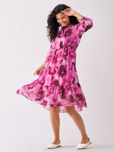 AASK Women Fit and Flare Pink, Maroon, White Midi/Calf Length Dress