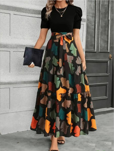 PRIMIUMFEB Women Fit and Flare Multicolor Maxi/Full Length Dress